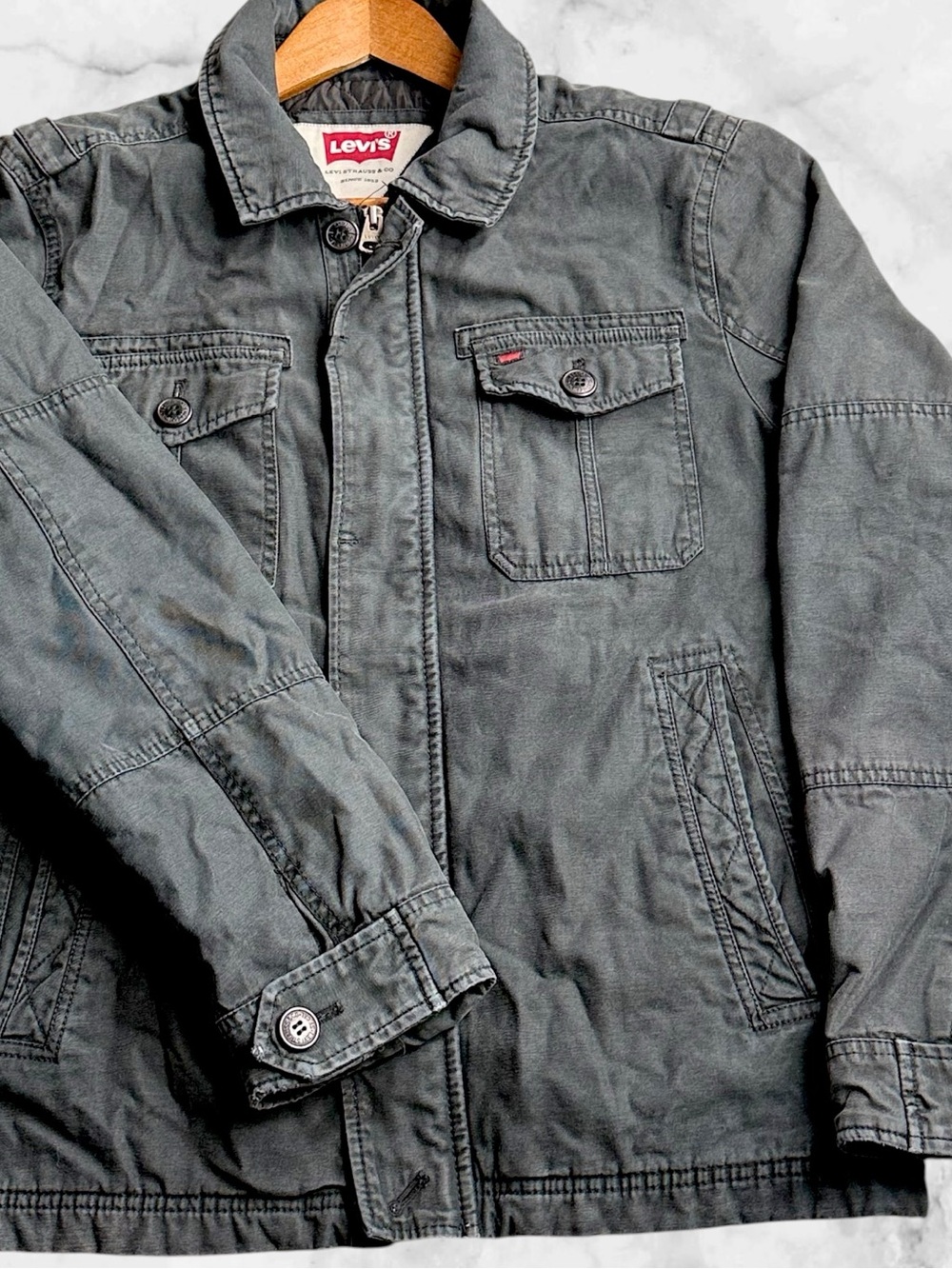Levi’s Mens Medium Gray Faded Canvas Field Jacket Quilted Lined Distressed M
